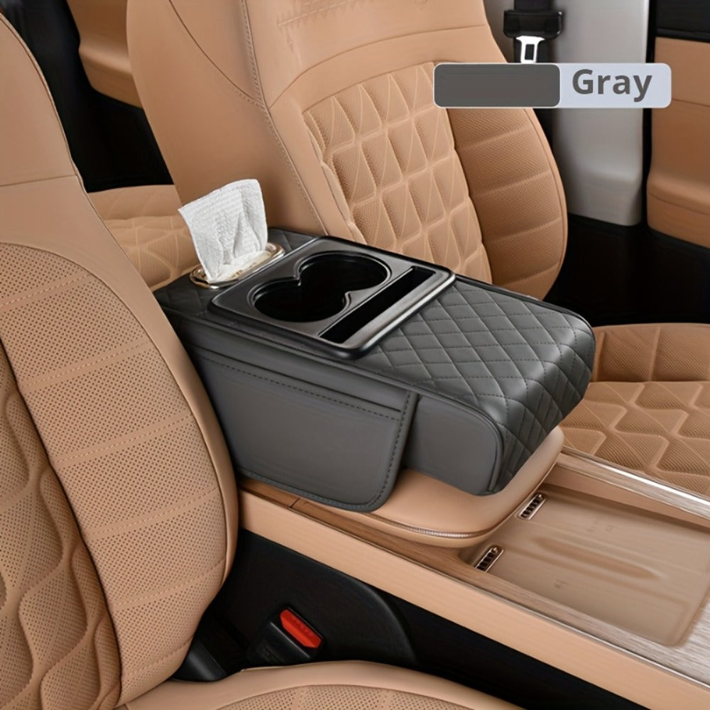 Car Center Console Cover PU Leather – Universal Armrest Box Mat with 2 Cup Holders & 2 Side Pockets, Phone & Card Storage — i