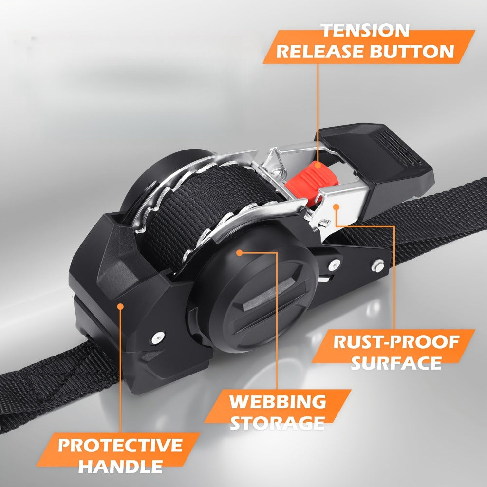 Ratchet Tie-Down Straps with Auto-Retract & Speed Control – Heavy-Duty Cargo Securing Kit with Hooks & Storage Bag | Motorcyc