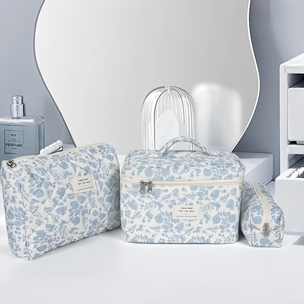 Quilted Makeup Bag Set 3 Pcs Floral Pattern Large Capacity Travel Cosmetic Organizer with Gold Zipper – Polyester Skincare To