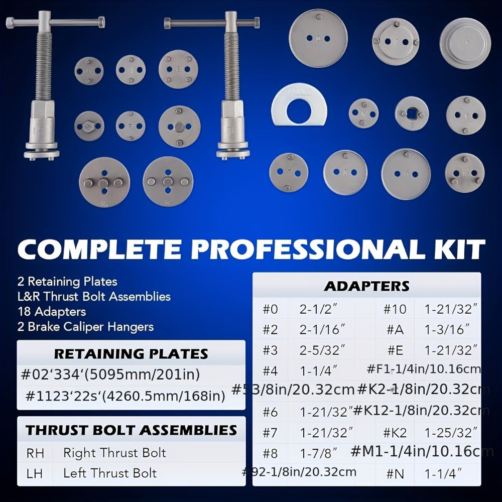 Brake Caliper Wind Back Tool Kit 26-Piece – Brake Caliper Compression Tool Set with 18 Disc Adapters, Thrust Bolt Assemblies 