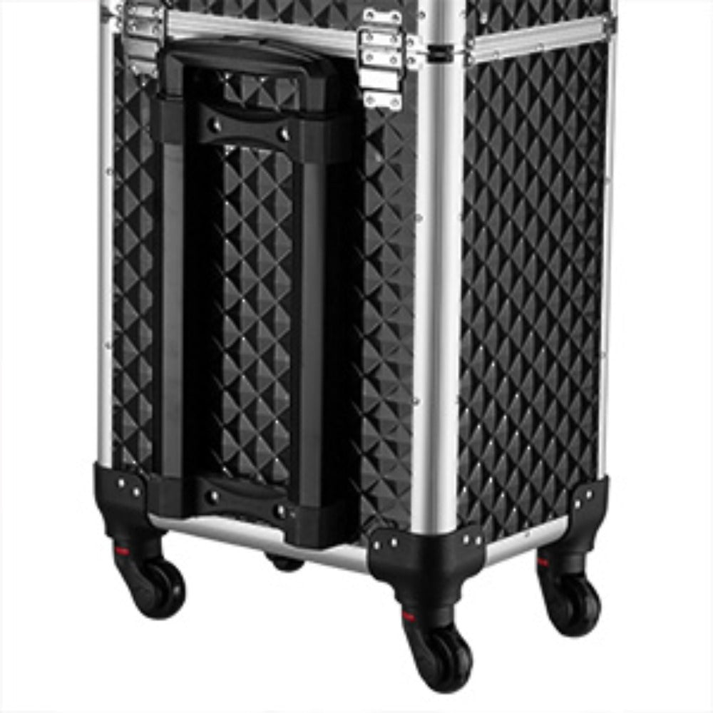 Black Rolling Makeup Train Case with Four Wheels, Telescoping Handle, Three Top Trays and Two Drawers — image 16