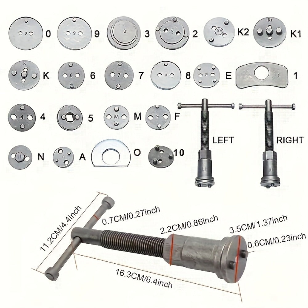 Brake Caliper Wind Back Tool Kit 26-Piece – Brake Caliper Compression Tool Set with 18 Disc Adapters, Thrust Bolt Assemblies 
