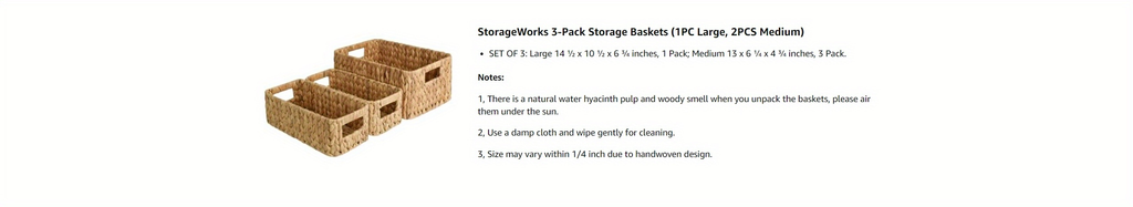 Storage Baskets, Seagrass and Water Hyacinth with Built-In Handles in Six Style Options with Material, Size and Pack Options 