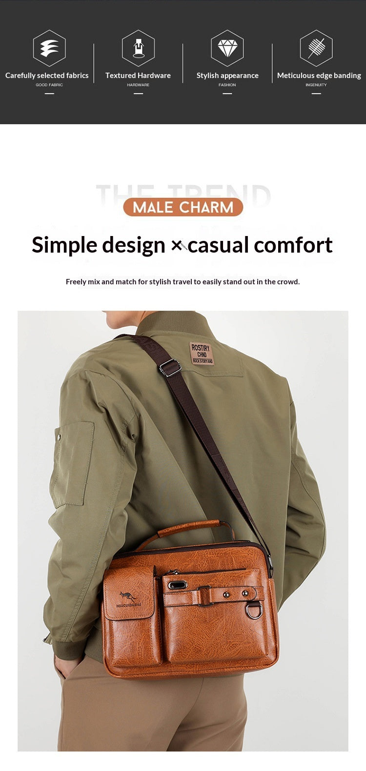 Men's Large Capacity PU Shoulder Bag Retro Business Style