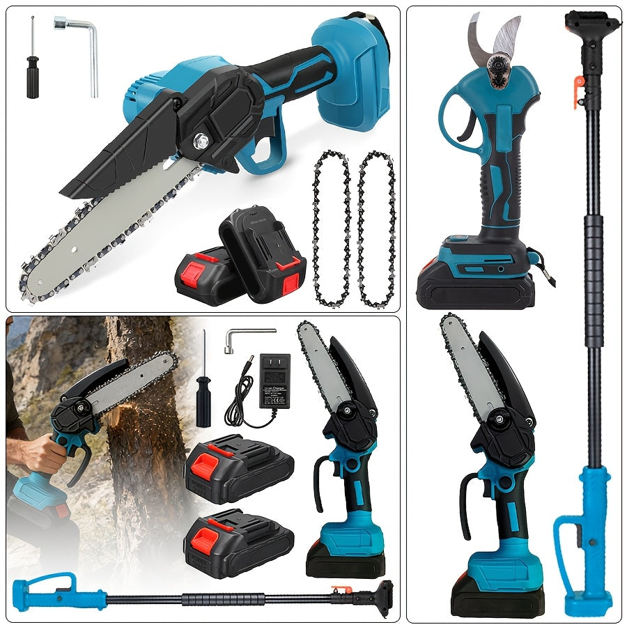Pole Saw Set with Electric Chainsaw, 6-Inch Cordless Pruner, Long-Handle Scissor Kit, Safety Lock for Tree Pruning & Landscap