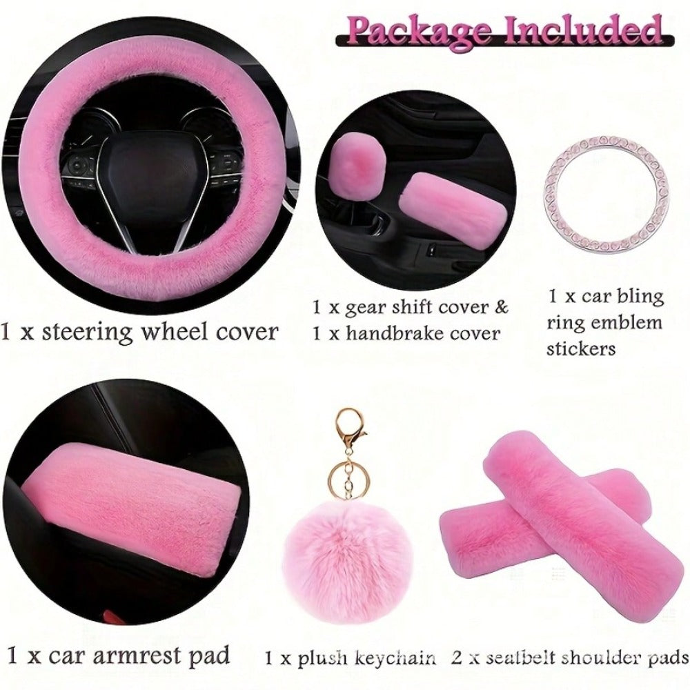 Plush Fluffy Steering Wheel Cover – Rex Rabbit Fur Texture, Universal Fit, 12 Colors (Black, Pink, Purple, Red & More) — imag