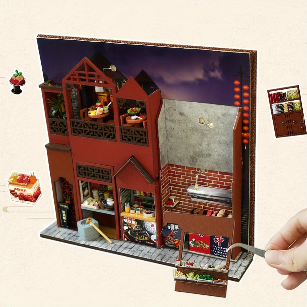 Book Nook Kit Chinese Food Street Miniature Dollhouse 3D Wooden Puzzle Bookshelf Insert DIY Model Building Set for Adults Tee