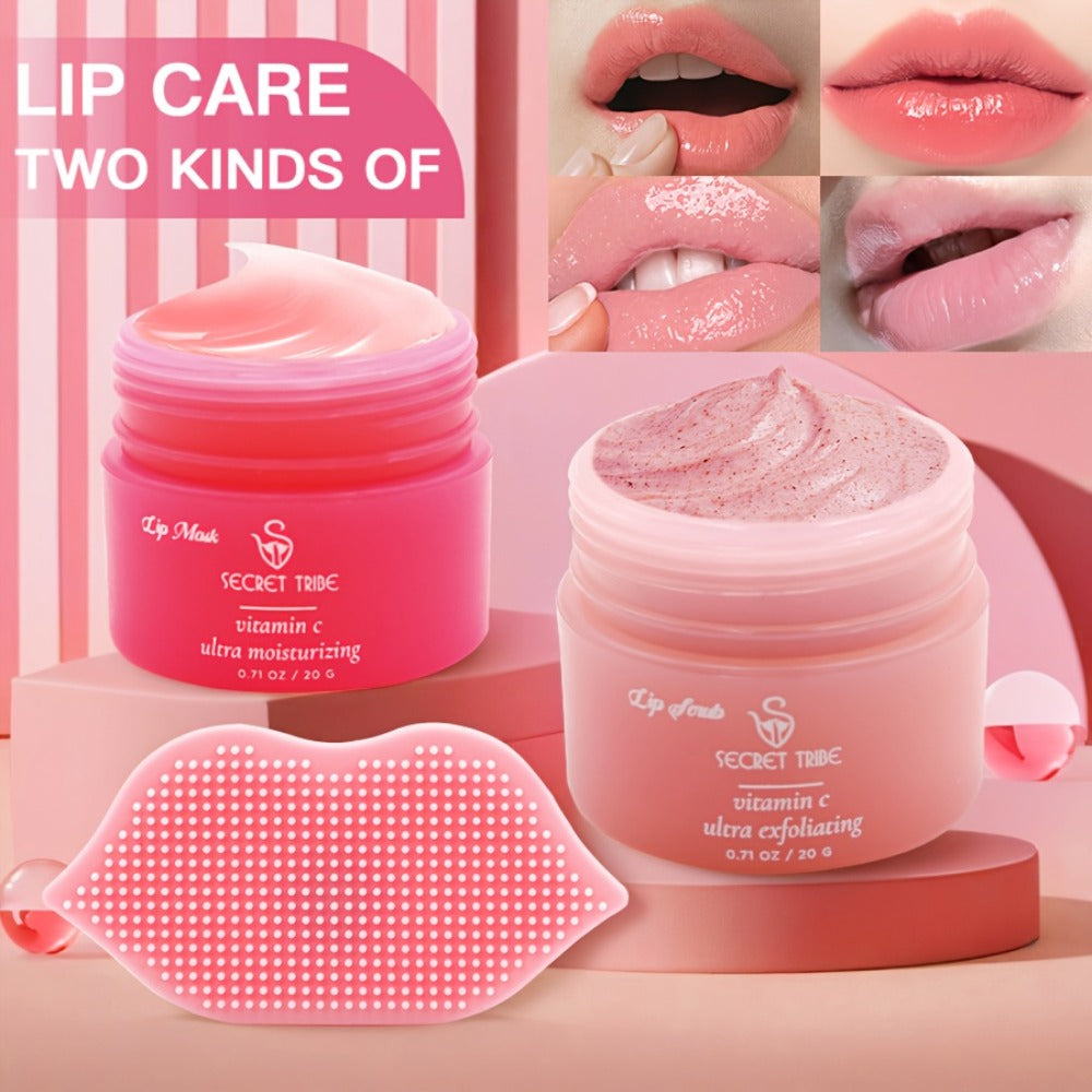 Lip Care Set 3pcs – Lip Mask, Lip Scrub Balm & Lip Brush Kit with Natural Ingredients for Deep Hydration, Exfoliation & Lip C