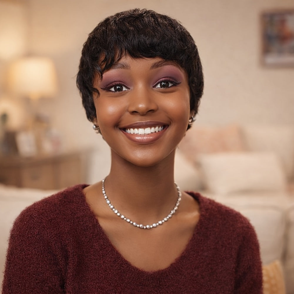 Brazilian Human Hair Pixie Cut Wig 150% Density Short Straight Machine Made Rose Net Cap Glueless Natural Black 4 Inch | Begi