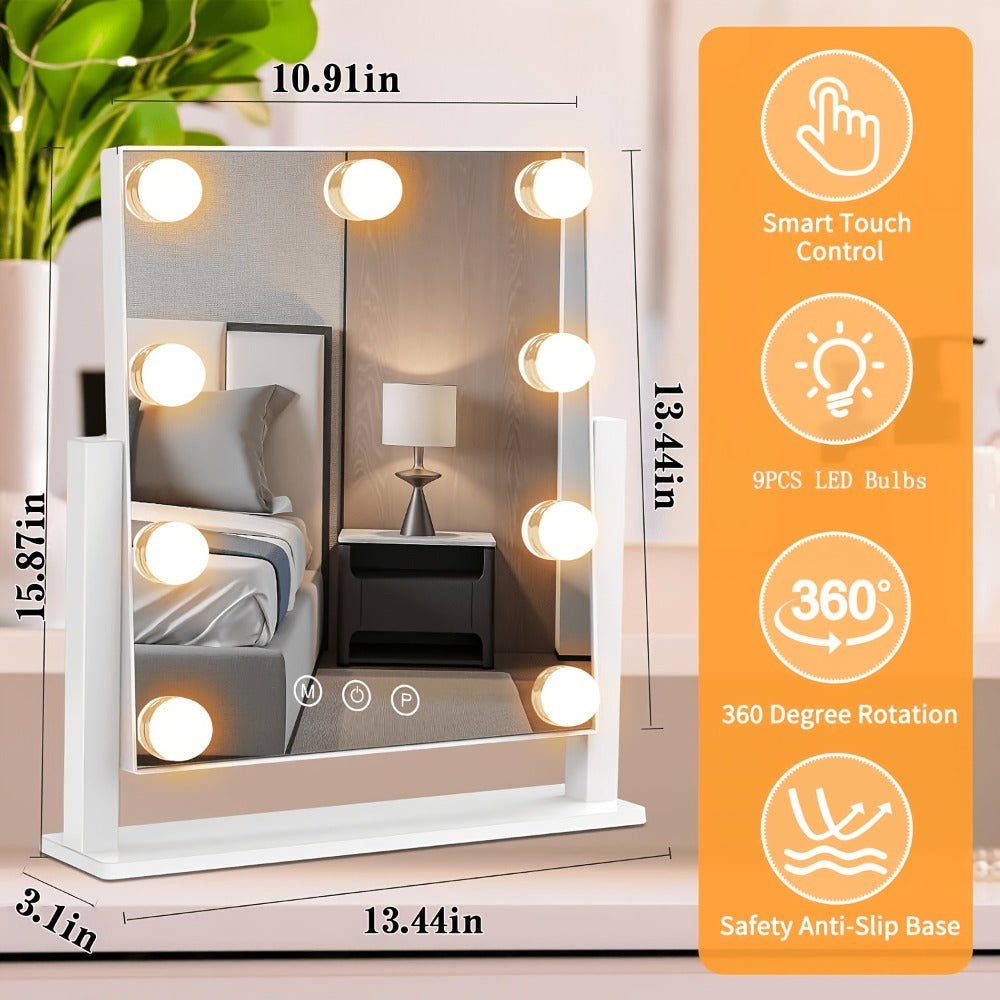 Makeup Mirror with Nine Bulb-Style LEDs, Three Light Colors, Touch Memory, 360° Rotation and Optional 5X Mirror — image 4