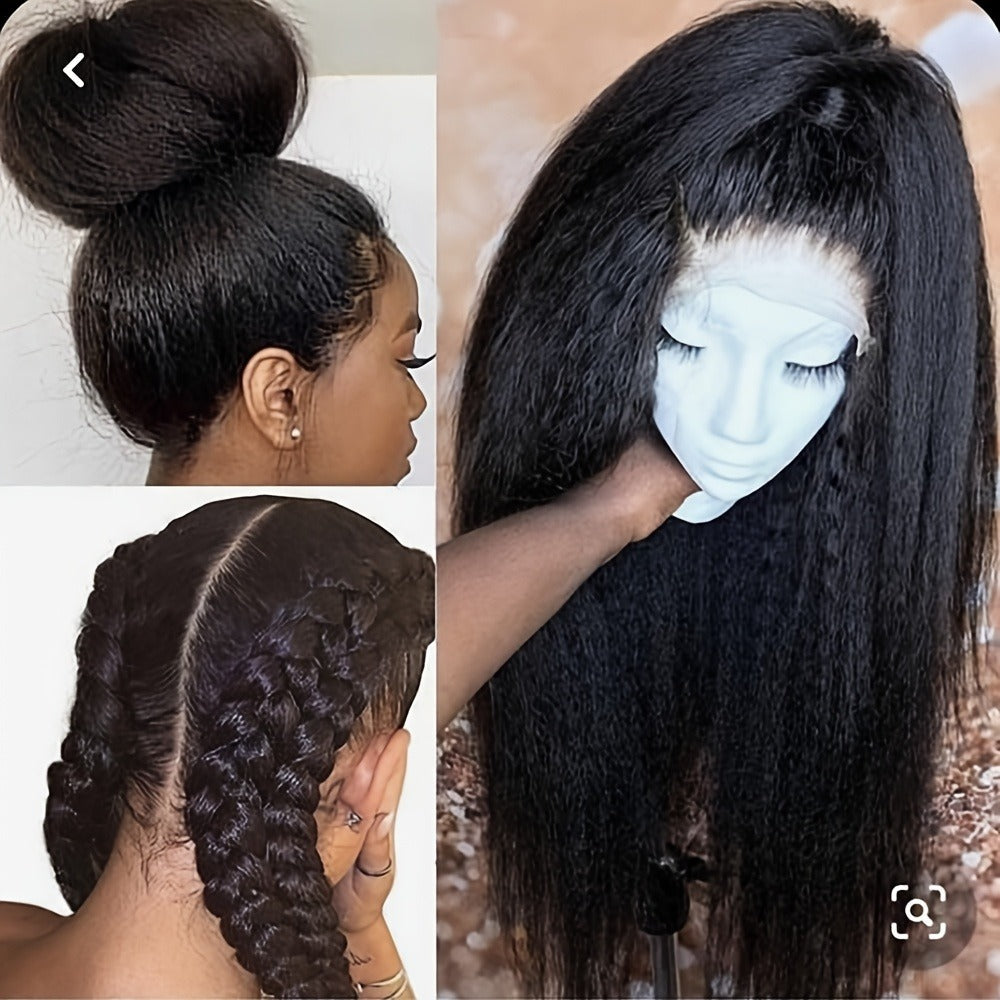 Synthetic Wig 26-Inch Black Kinky-Straight Yaki with HD Lace Front, Glueless Cap and with Item-Specific Color, Length, Textur