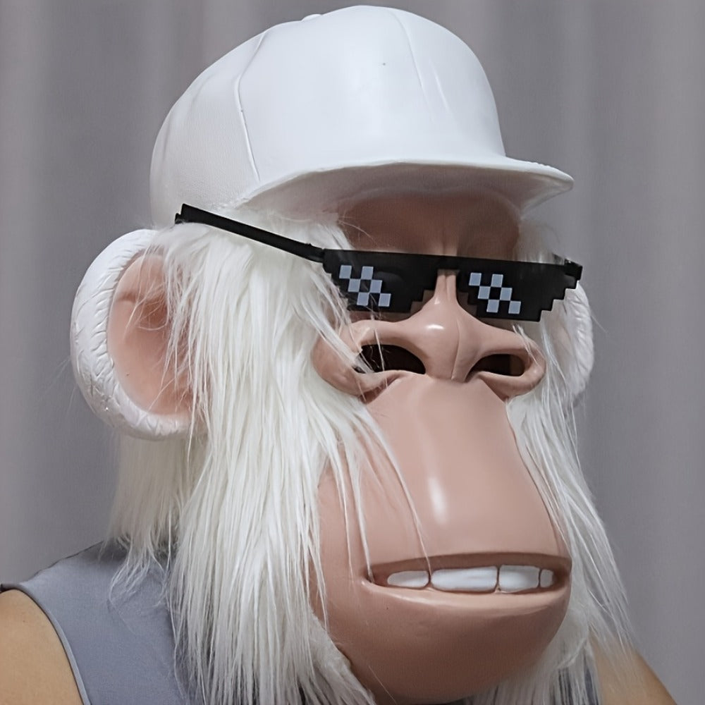 White-Haired Cartoon Ape Full-Head Costume Mask with White Cap and Pixel-Style Glasses in Two Face Styles — image 8
