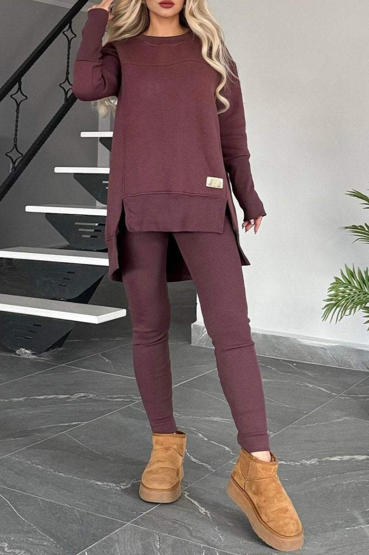 Women's Slit Long Sleeve Top And Trousers Suit