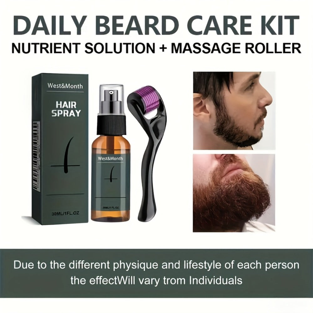 Beard Growth Spray Kit for Men 30ml Ginseng Ginger Extract Beard Moisturizer with 0.25mm Microneedle Derma Roller for Fuller 