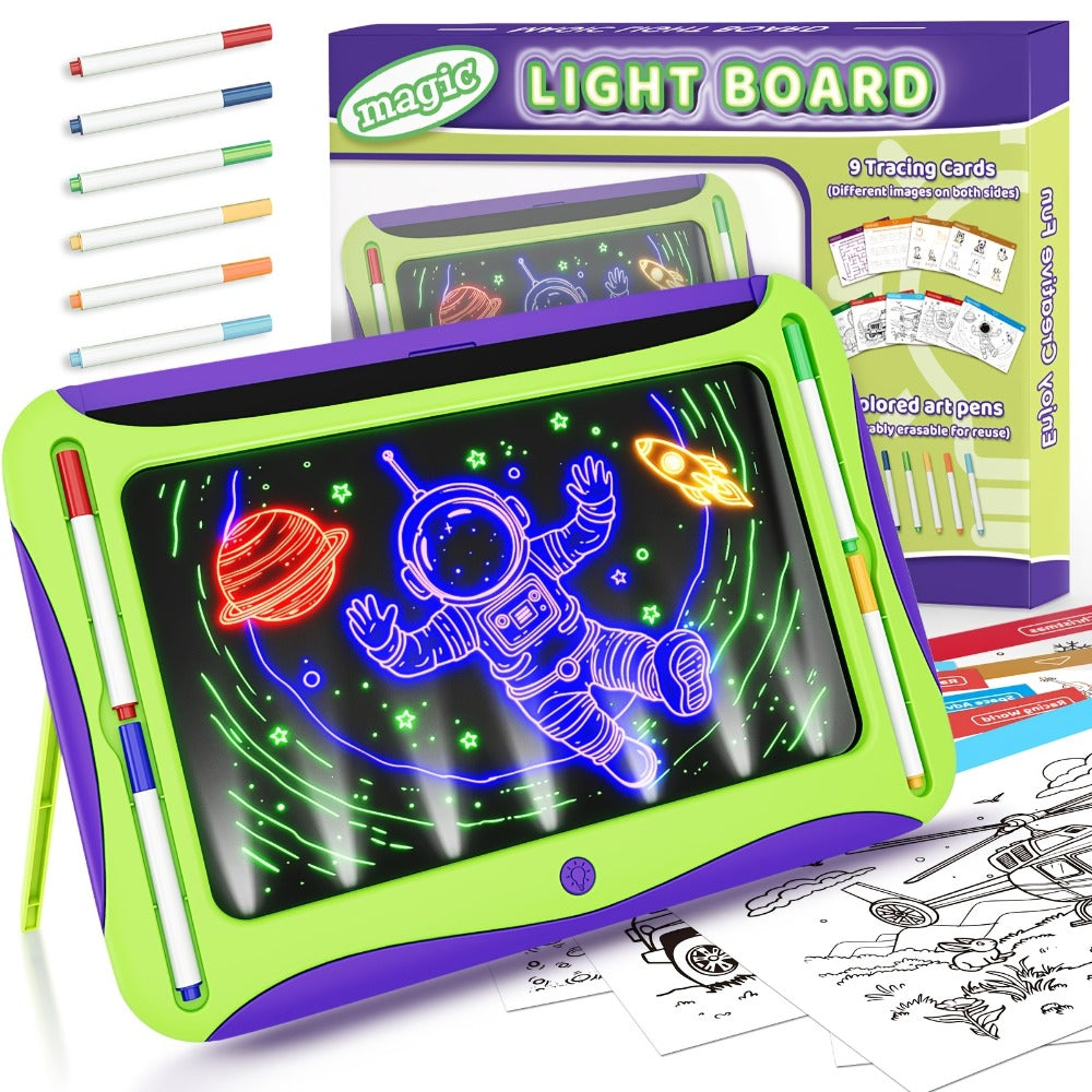 LED Light Up Drawing Board for Kids, 9 Double-Sided Tracing Cards 6 Markers Glow Doodle Travel Art Toy for Girls Boys Ages 3-