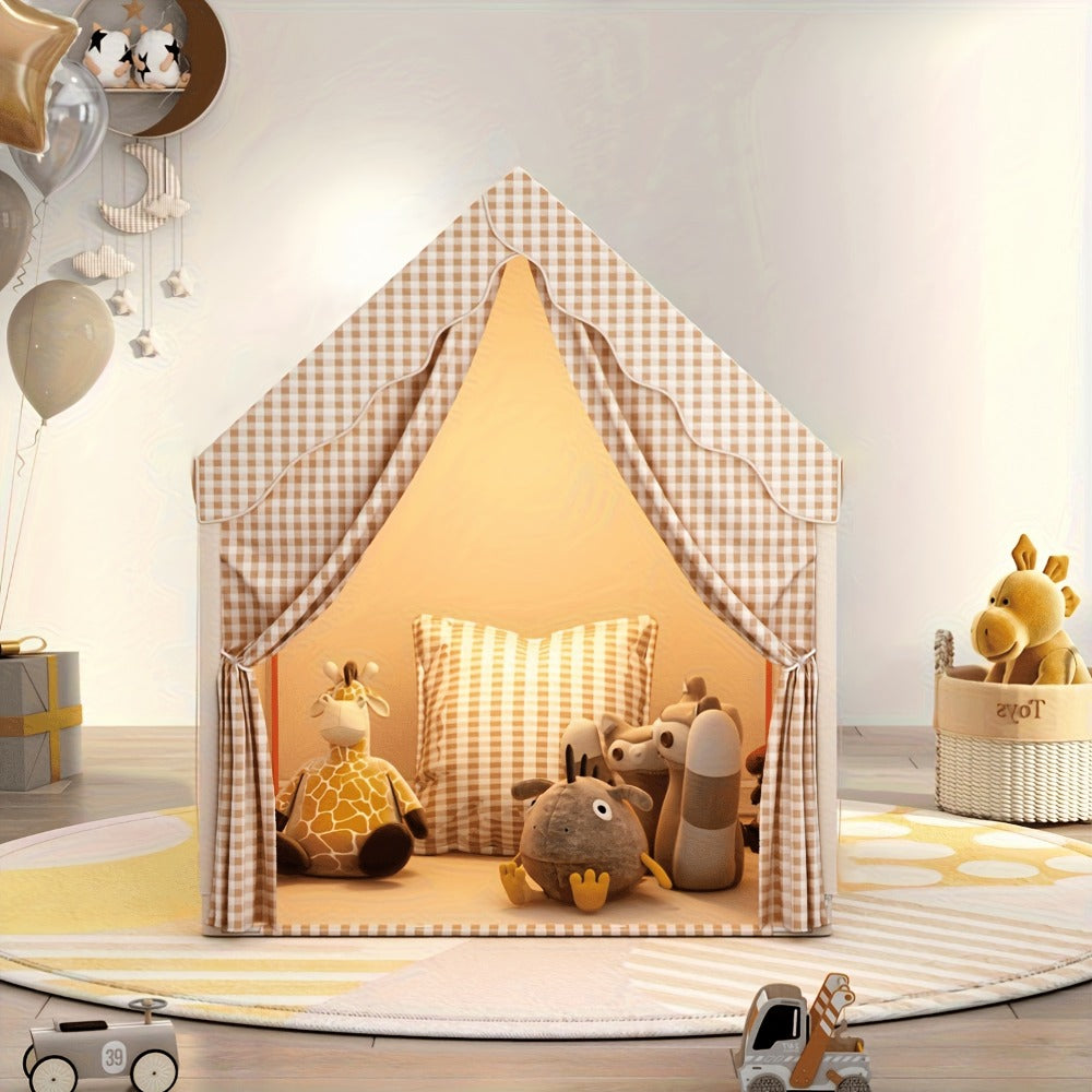 Kids Play Tent Cabin Style for Indoor Outdoor – Checked Polyester Playhouse for Toddlers Ages 2-6, Imaginative Role Play Pret