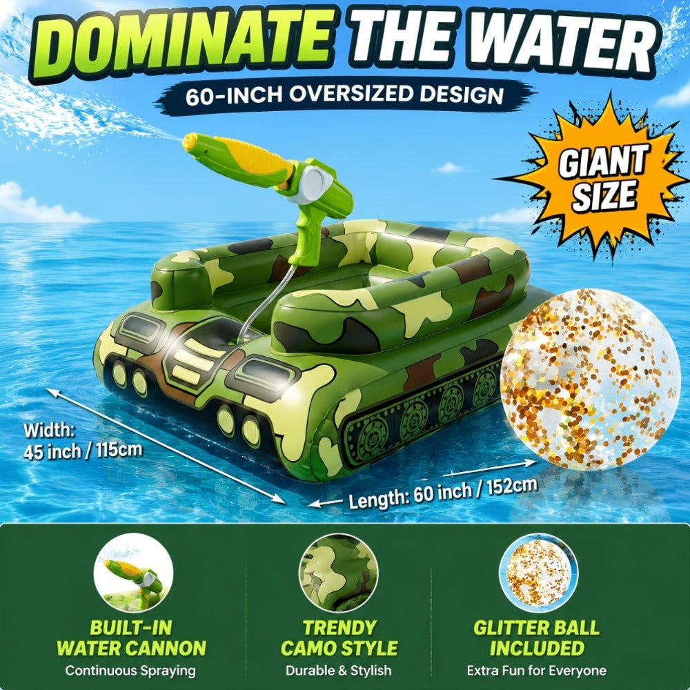 Ride-On Inflatable Pool Floats in Yellow Duck or 60-Inch Green Tank Styles with 16-Inch Beach Ball — image 2