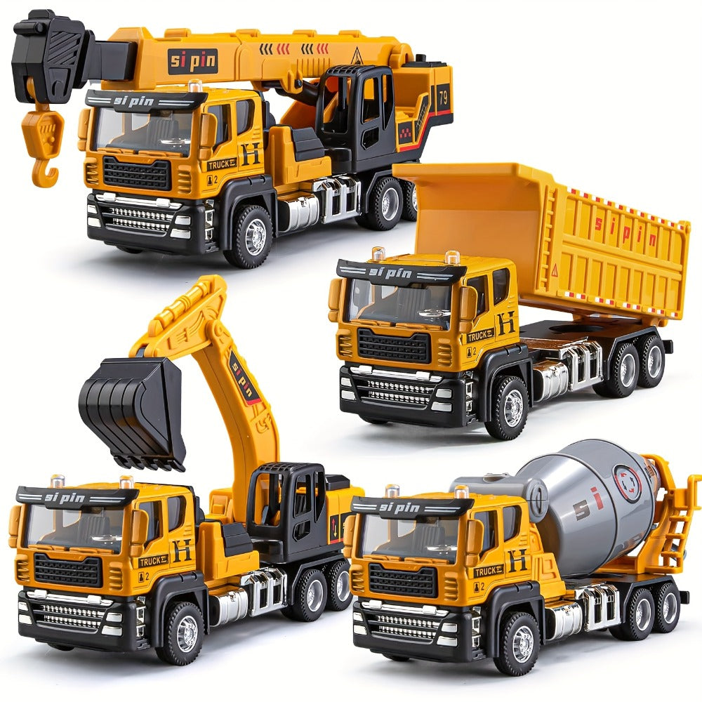 Die-Cast Construction Vehicle Toy Set, Mini Alloy Excavator, Dump Truck, Cement Mixer & Crane Trucks for Toddlers Boys Ages 3