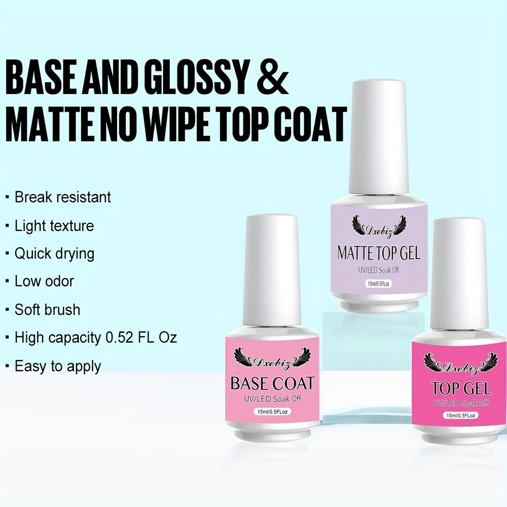 Gel Nail Polish 3-Piece Base and Top Coat Kit with No-Wipe Glossy, Matte and Base Gel for UV/LED Soak-Off Manicures — image 8