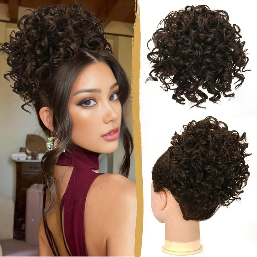 Hair Extensions Curly 10-Inch Synthetic Drawstring Bun with Comb Clips, 80g Weight and Two Brown Color Options — image 6