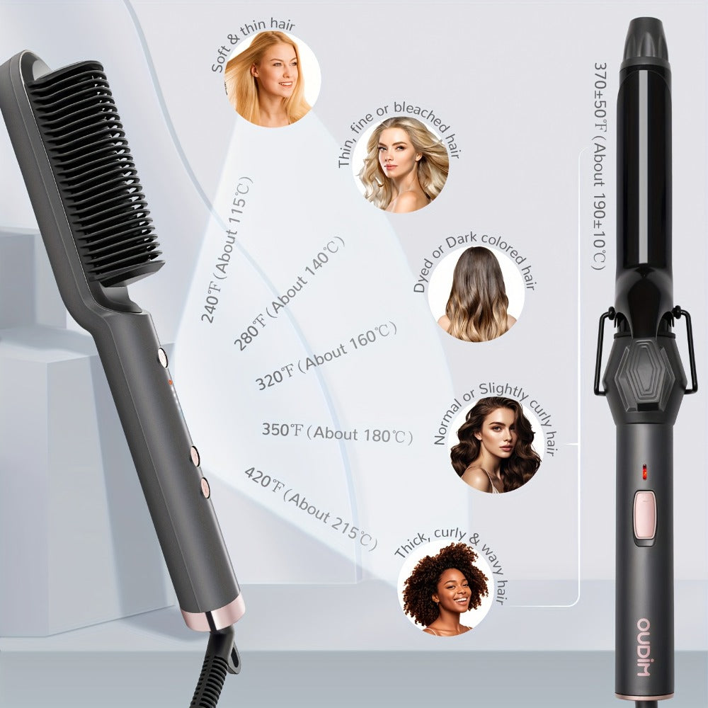 Hair Straightener & Curling Iron Set for Women, Flat Iron Straightening Brush, Anti-Scald, Precise Temperature Control — imag