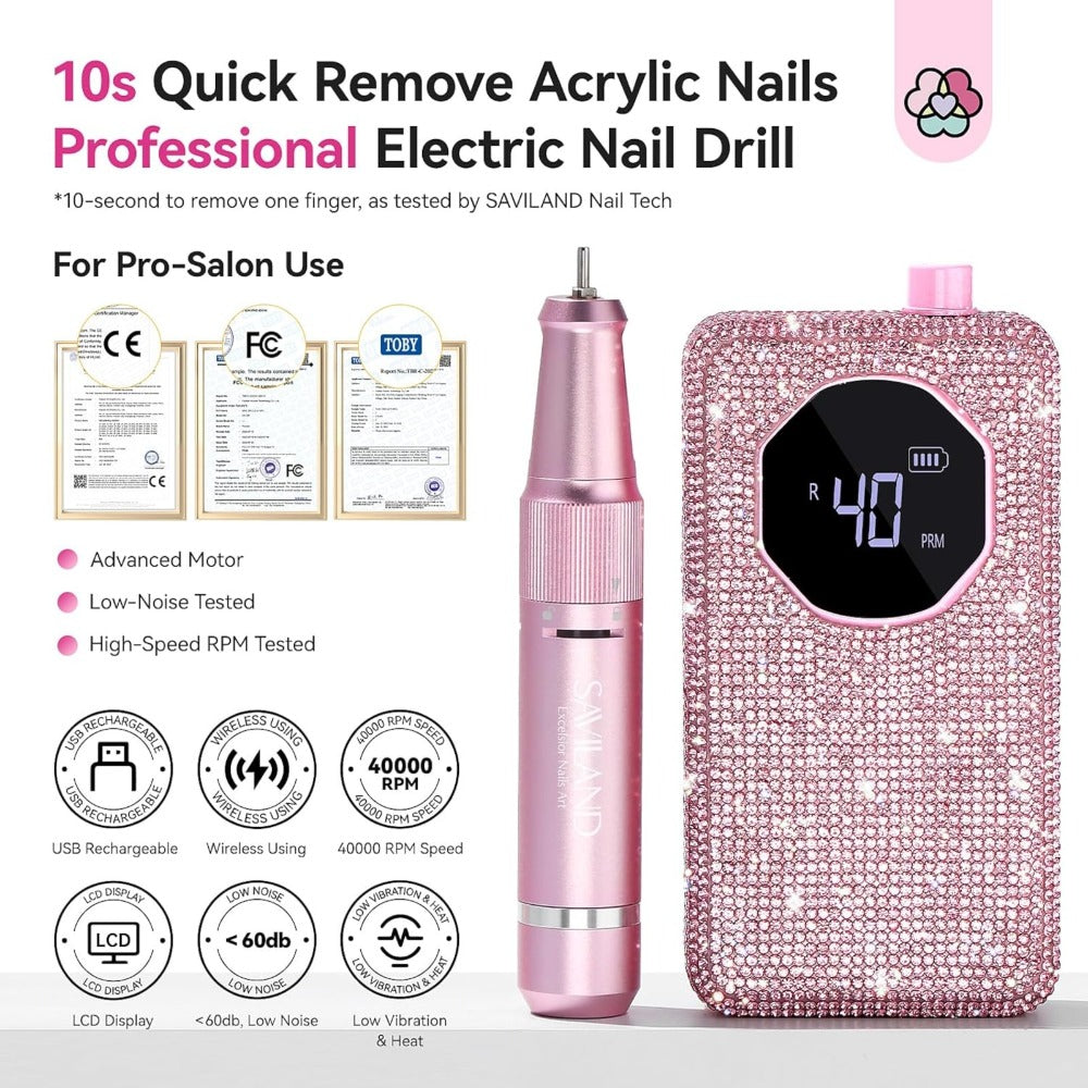 Electric Nail Drill 40000 RPM Rechargeable Professional Nail Drill Machine 4000mAh Battery LCD Display Ceramic Bits Sanding B
