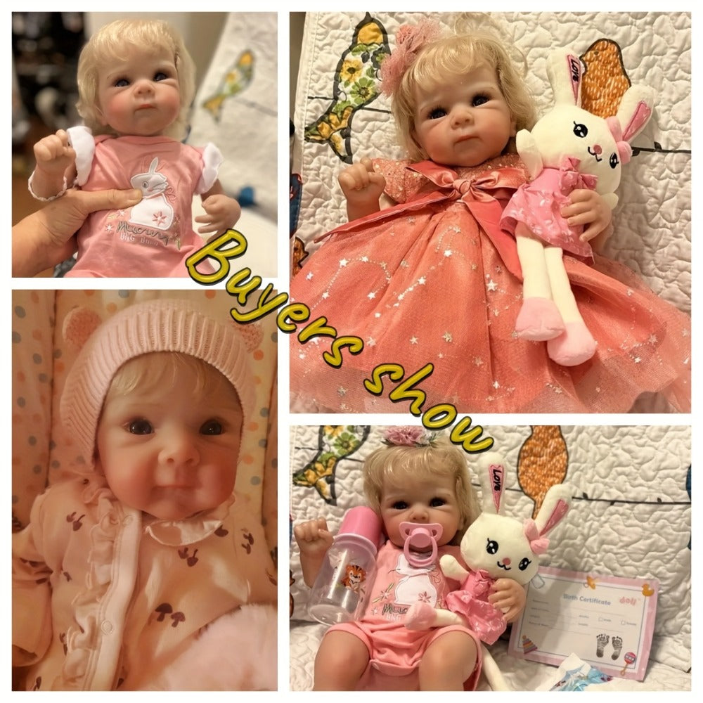 Reborn Baby Doll 16-Inch Cloth Body with Rooted Blonde Hair, Open Eyes, Pink Romper and Pacifier Set — image 12