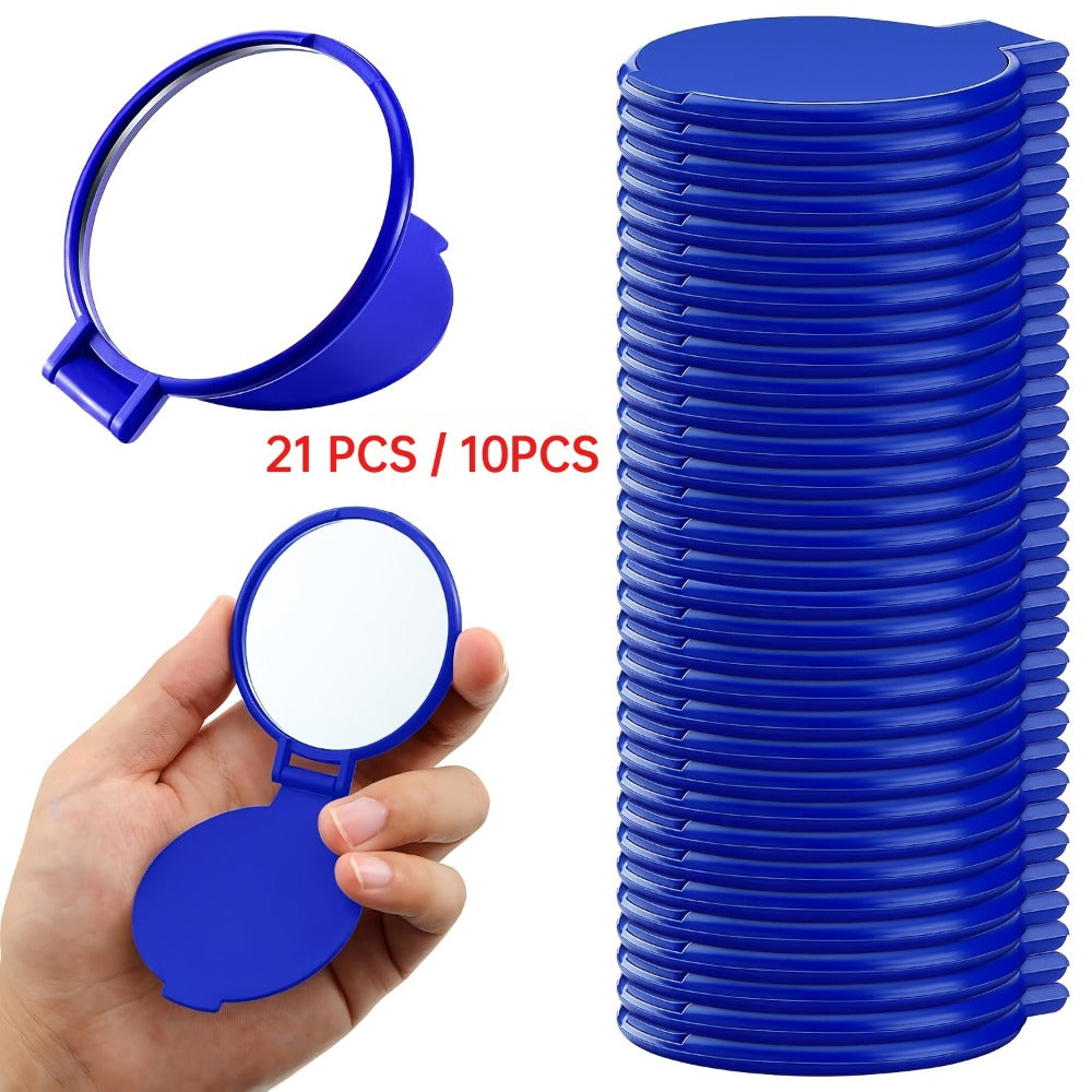 Makeup Mirror Set 10 or 21-Piece Royal Blue Folding Pocket Compacts with Round Glass, Flip Covers and Stand Function — image 