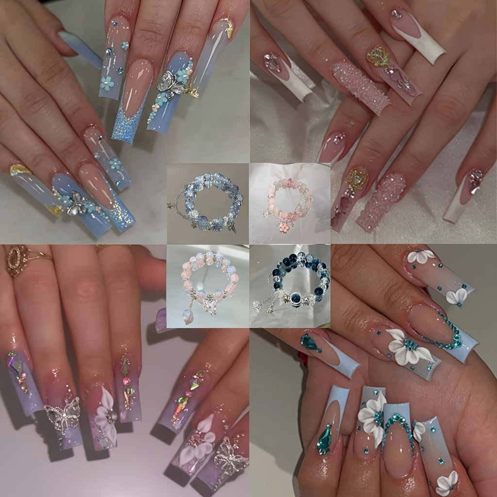 Press On Nails 96-Piece Long Ballerina Blue Gradient 3D Flower Butterfly Set with Four Bracelets — image 17