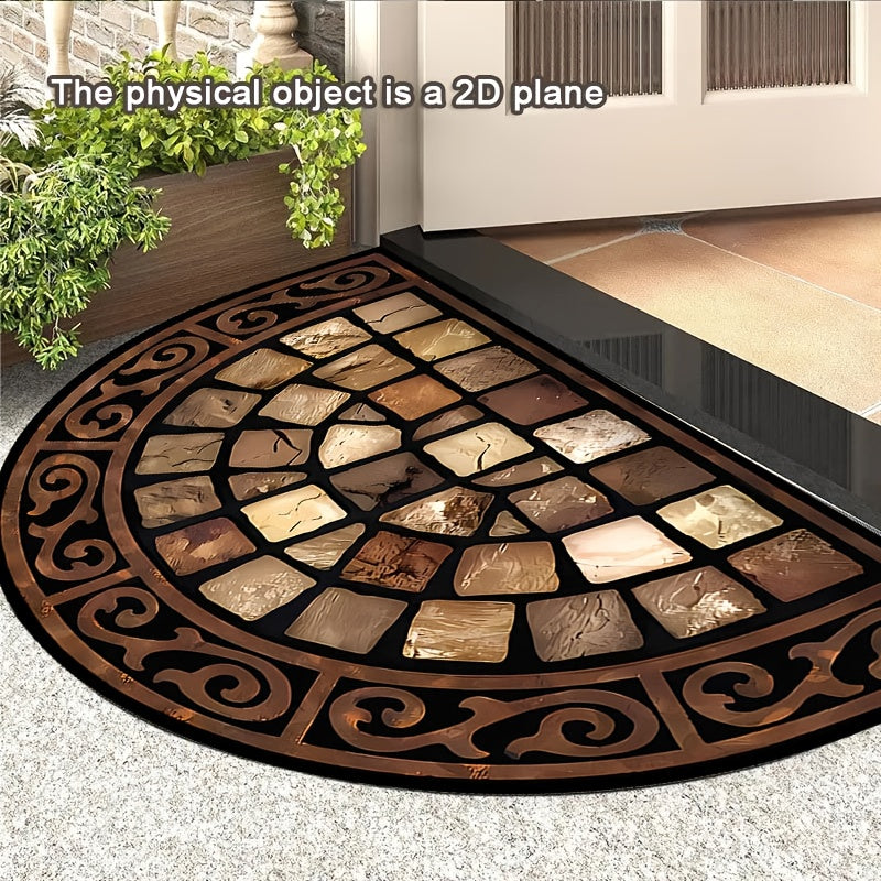 Semicircular Earth-Tone Mosaic Stone Print Doormat in 60 x 90cm BY15 Checkout Style Pictured — image 1