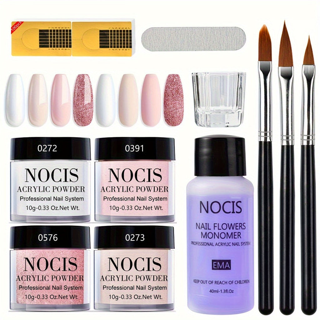 Acrylic Nail Kit NOCIS Four 10g Light Neutral Powders with Liquid Monomer, Three Brushes, File and Mixing Cup — image 13