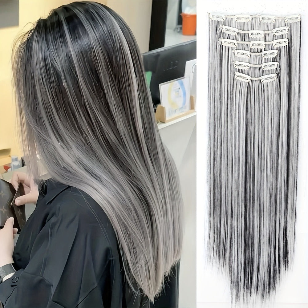 Hair Extensions Straight 24-Inch Synthetic Clip-In Set with Six Wefts in Black or Space Gray — image 2