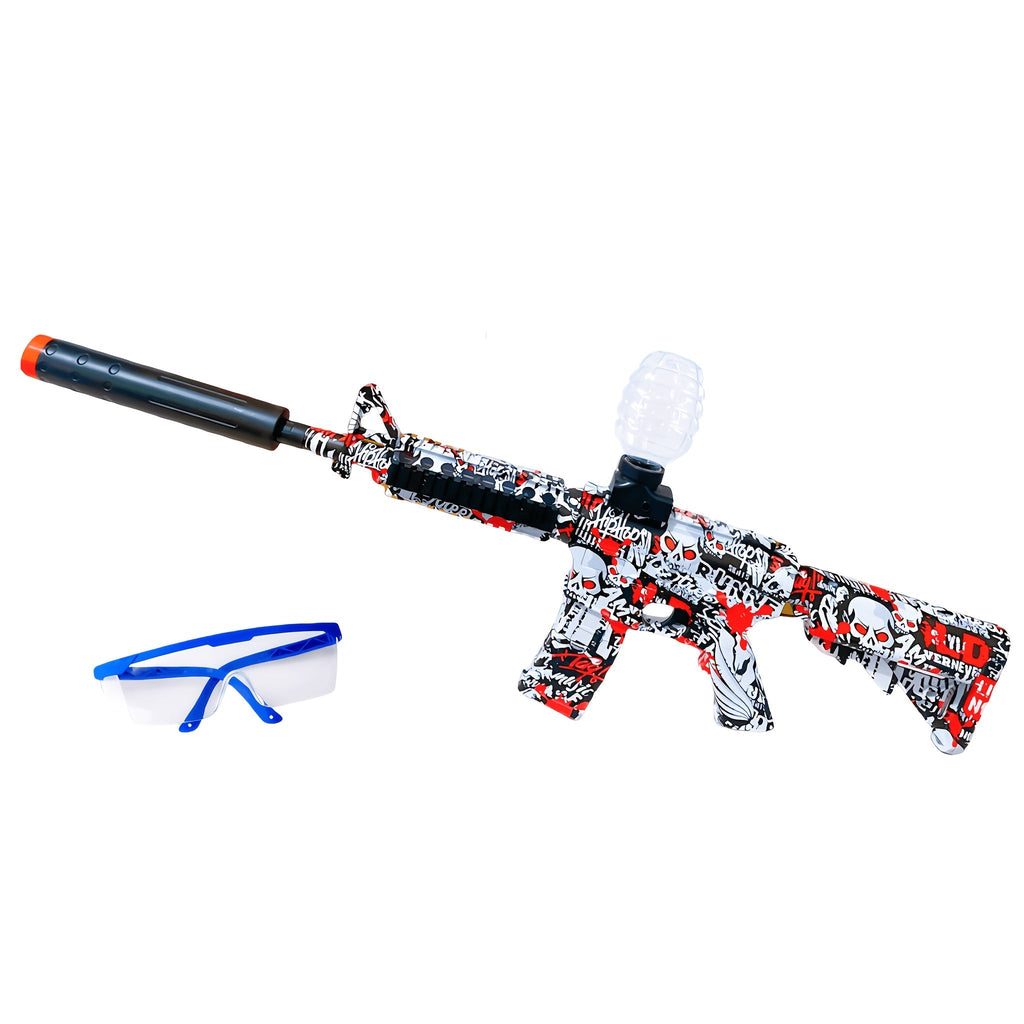 Red-White-and-Black Rifle-Style Electric Gel Blaster Set with Hopper, Stock, Barrel, Goggles and USB Cable — image 7