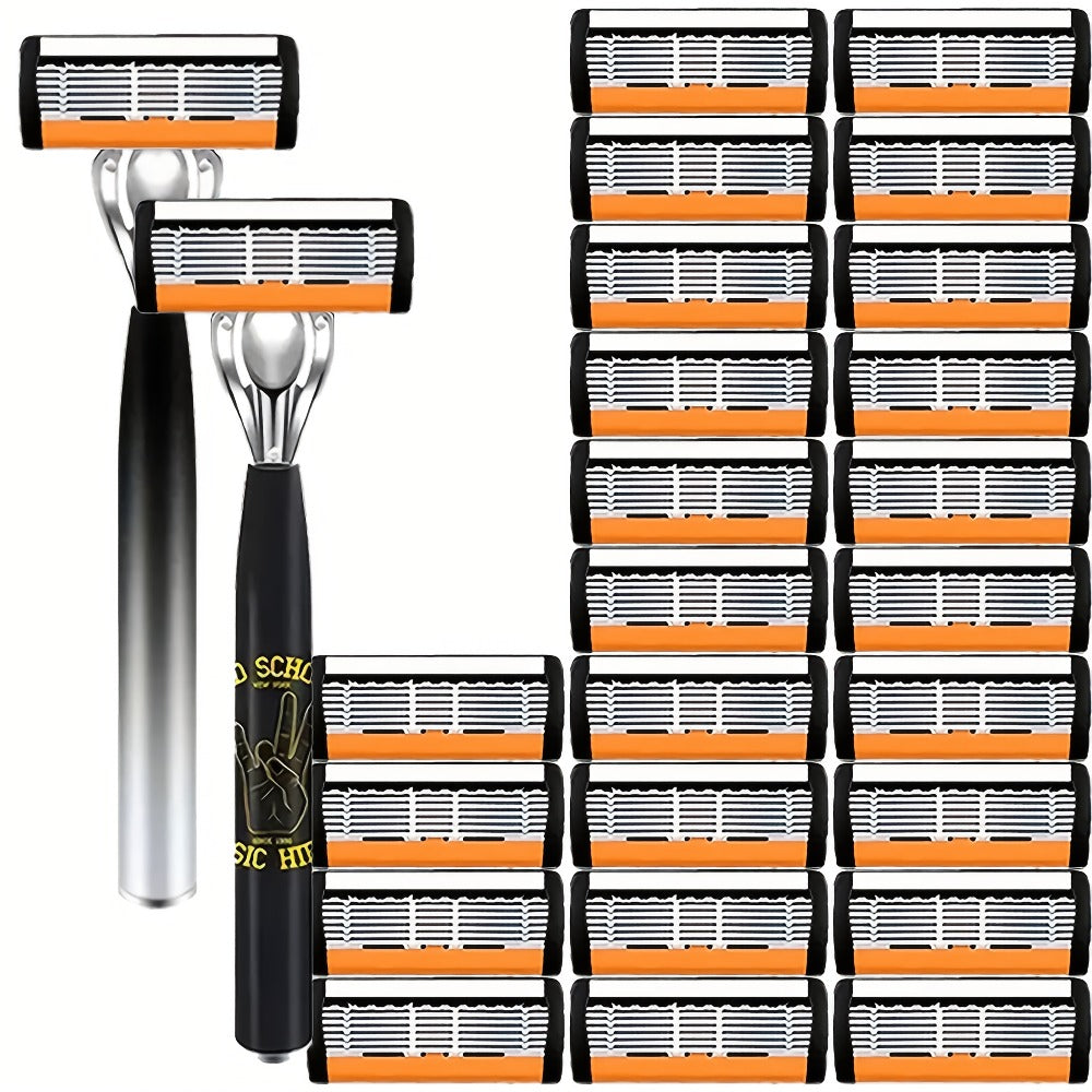 Safety Razor Set for Men 2 Anti-Slip Handles & 24 Ultra-Sharp Replaceable Stainless Steel Blades – Smooth Painless Close Shav