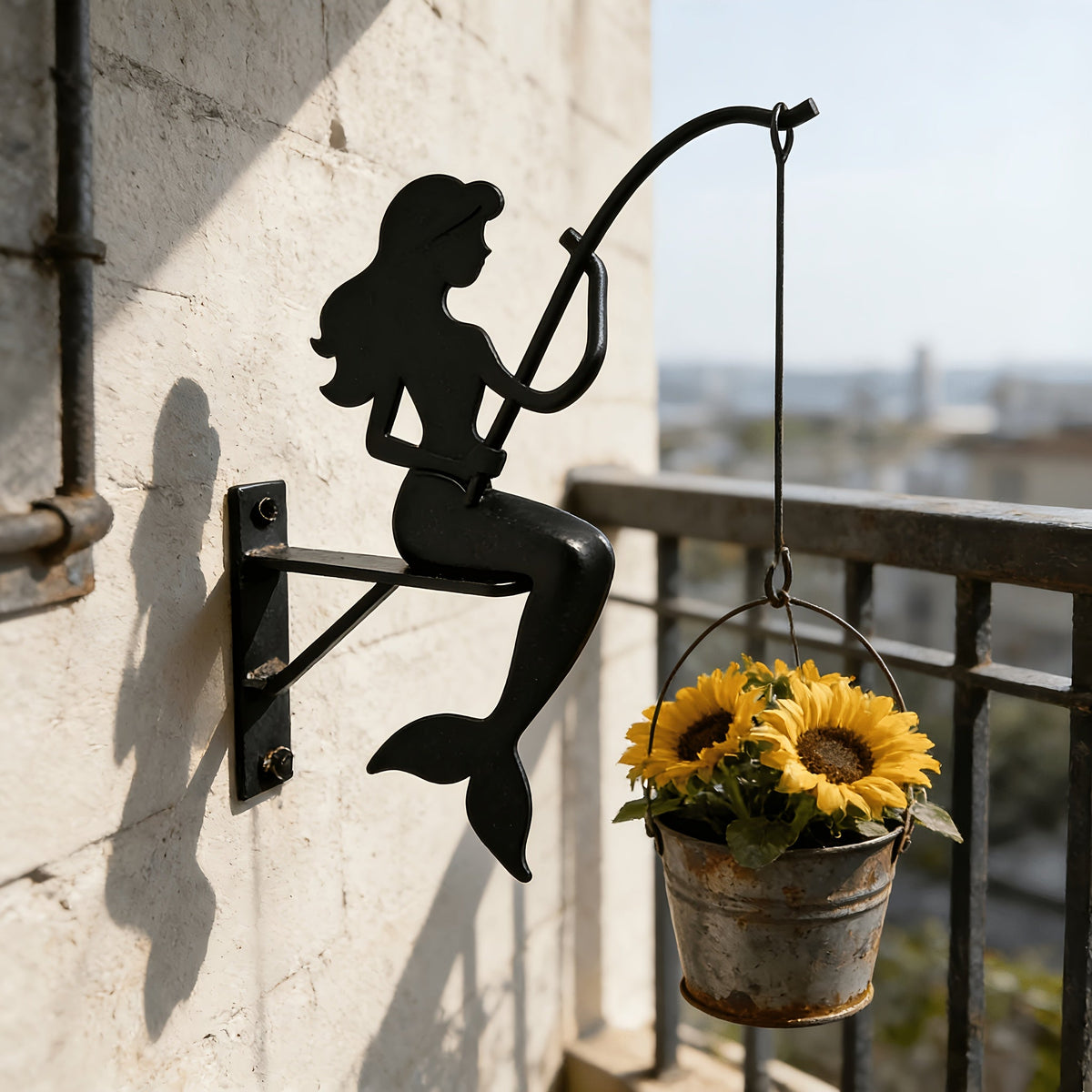 Wall Planter Hanging Iron Art Mermaid Flower Pot Holder for Balcony Vertical Garden – Creative Fisherman Theme Indoor Outdoor
