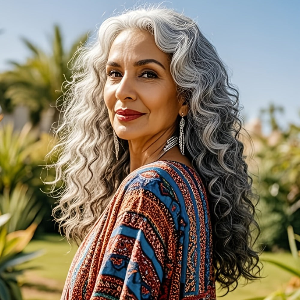 Synthetic Wig 24-Inch Space Gray Deep Waves with Glueless Buckle Cap and Rating with Item-Specific Color, Length, Texture and