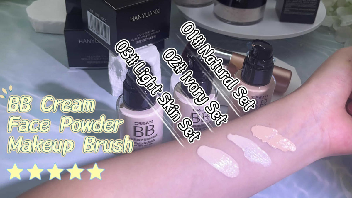 BB Cream Makeup Kit with Loose Setting Powder Brush & Sponge – Full Coverage Waterproof Long-Lasting Hydrating Foundation Set