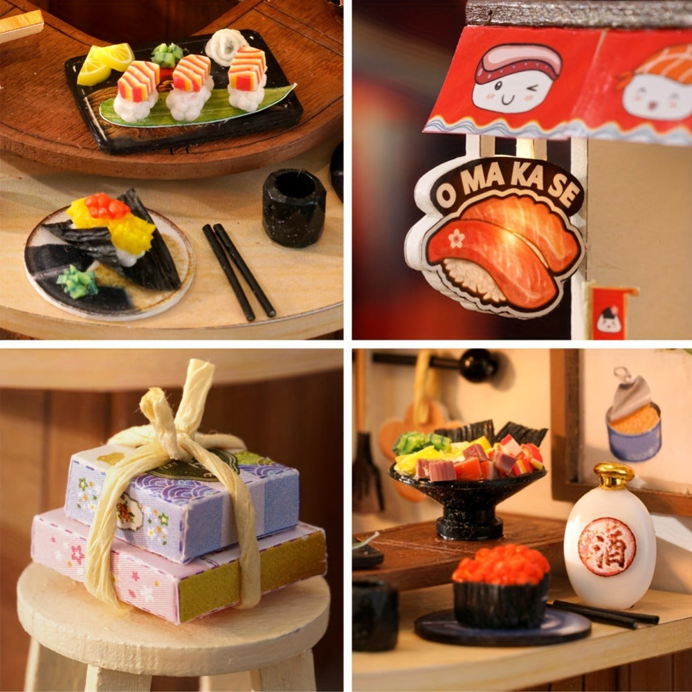 DIY Wooden Tiny House Kit with Dust Cover, Handmade Miniature Dollhouse Puzzle, 3 Themes Afternoon Tea Rotating Food House Mo