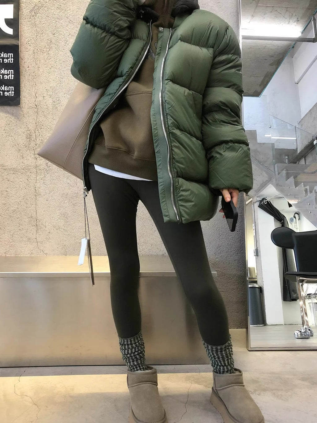 Warm Dark Green Collarless Cotton Coat Jacket Women