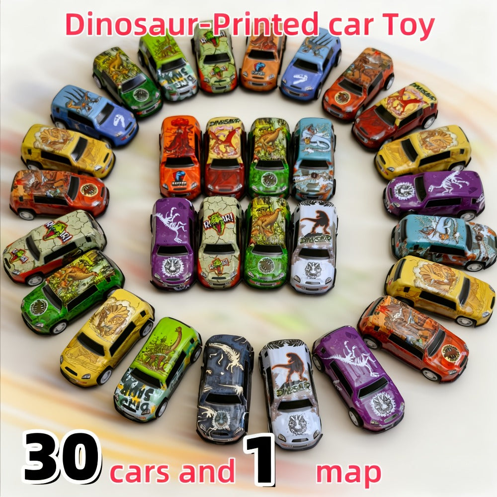 Dinosaur Toy Car Set 29-30pcs, Mini Pull Back Racing Cars with T-Rex Spinosaurus Pterodactyl Figures & City Traffic Map — ima