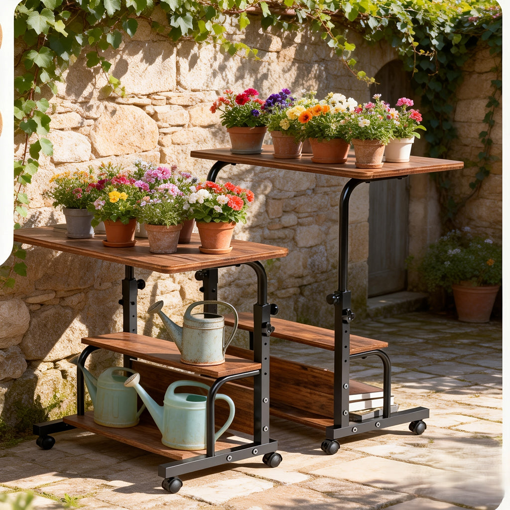Garden Work Table 31.5" Adjustable Height Mobile Desk with Storage Shelves, Metal Frame, for Patio Outdoor Bedroom Office Pot