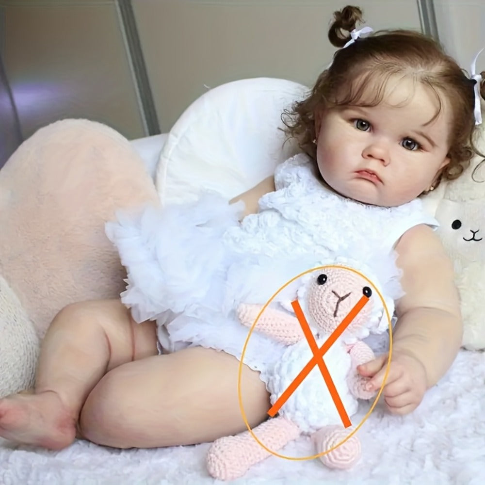 Reborn Baby Doll 24-Inch Cloth Body with Vinyl Limbs, Rooted Brown Hair, Acrylic Eyes and White Outfit Set — image 4