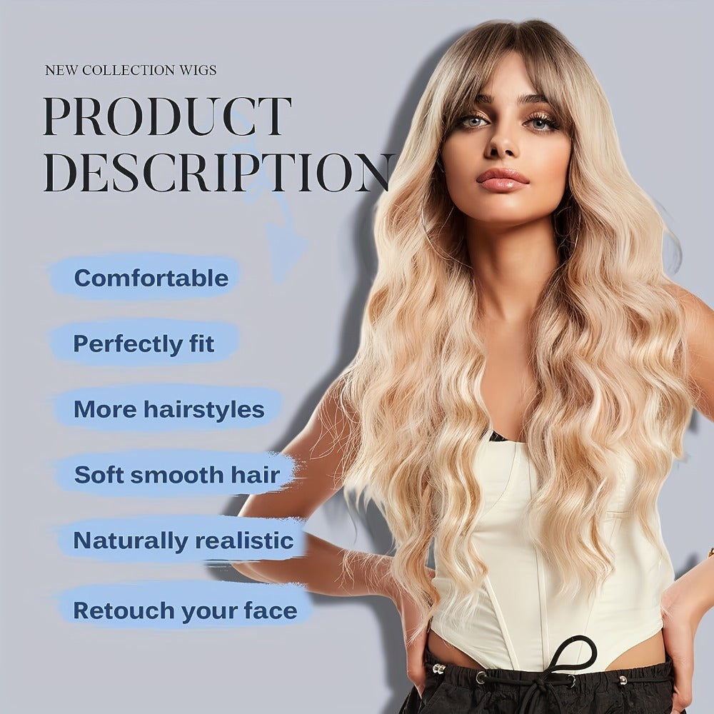 Synthetic Wig 26-Inch Light Golden Loose Waves with Bangs and Glueless Rose Net Cap for Daily Styling — image 5