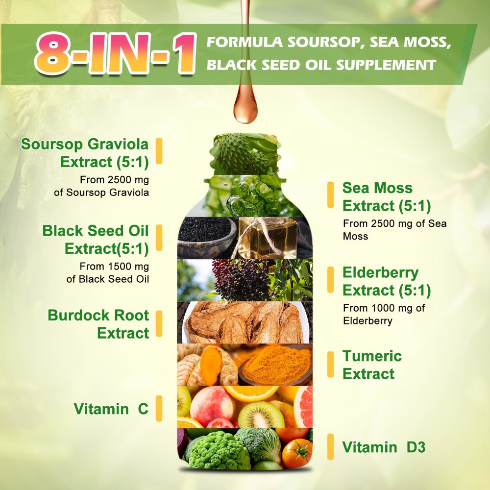 [8-IN-1 Soursop Drops] 1/3 Bottles 8-IN-1 Soursop Liquid Drops, Graviola Leaf & Fruit Complex Supplement With Sea Moss — imag