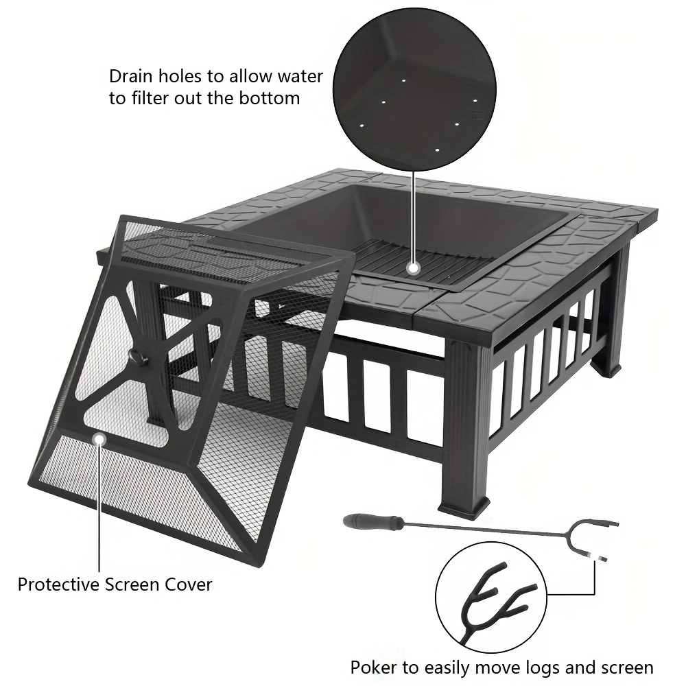 Black Square Fire Pit Table with Raised Mesh Cover, Perforated Side Panels and Wood-Burning Bowl — image 7