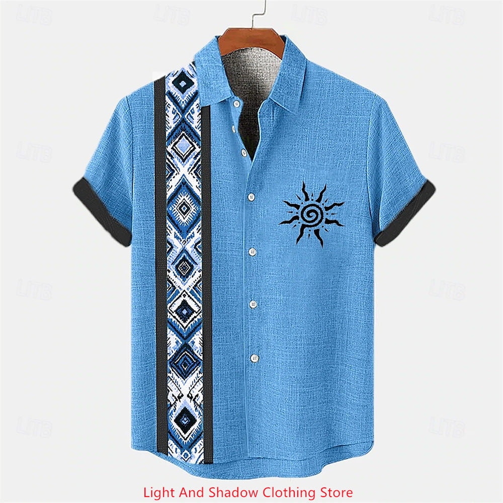 Short-sleeve Patterned Shirt With Printed Buttons And Short-sleeve Patchwork