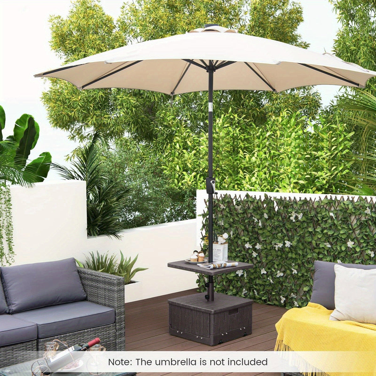 Patio Umbrella Base 3-in-1 Fillable with Table Tray & Planter Box Wheeled Stand Fits 1.5"/1.9" Poles for Garden, Patio and Ya