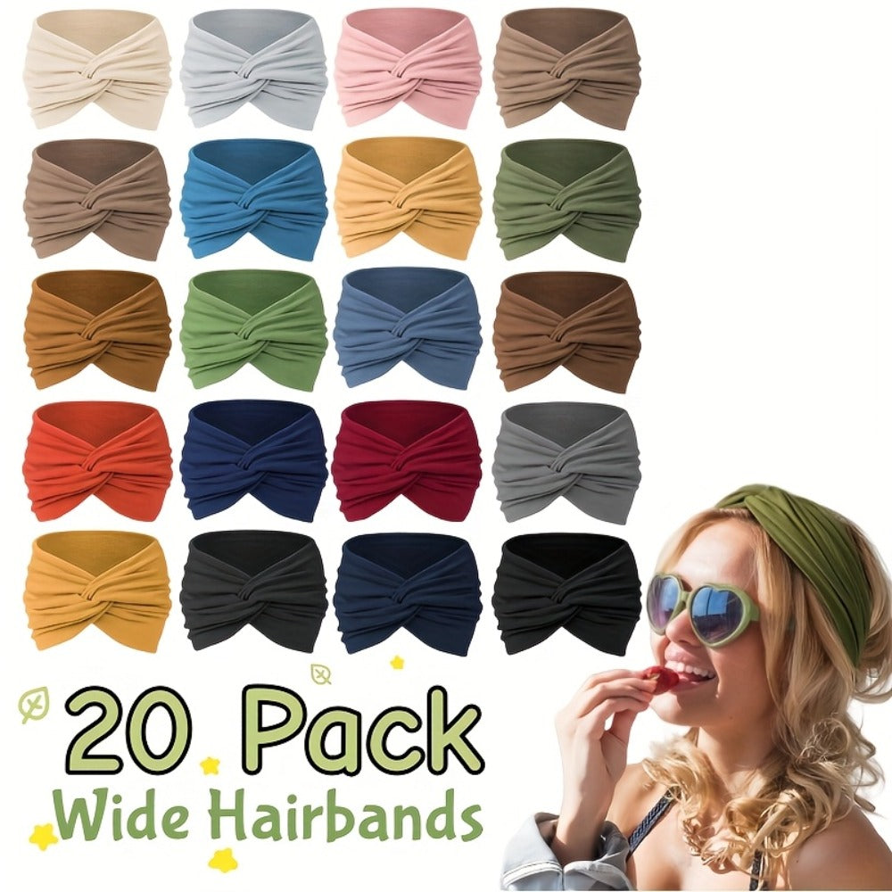 Stretchy Headbands 20 Pack for Women & Men – Soft Sweat-Wicking Non-Slip Elastic Turban Knot Hair Wraps Breathable Solid Colo