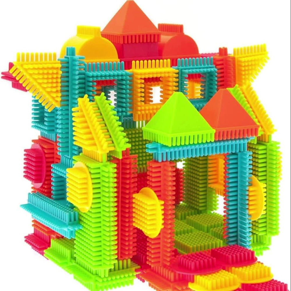 Building Block Set Bristle Construction Pieces, 150-Piece Colorful Interlocking Shapes with Storage Tub — image 10