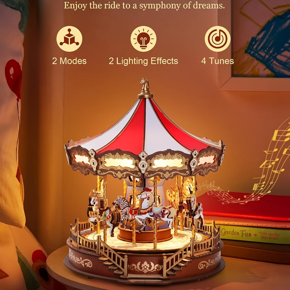 Rolife Carousel Music Box Kit, DIY 3D Wooden Puzzle Architectural Craft Model, Spinning Carousel with Music — image 5